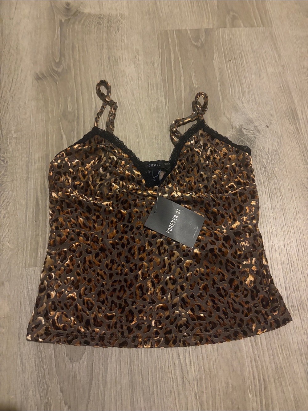 Forever 21 Brown Leopard Print Velvet Cami with Lace Trim